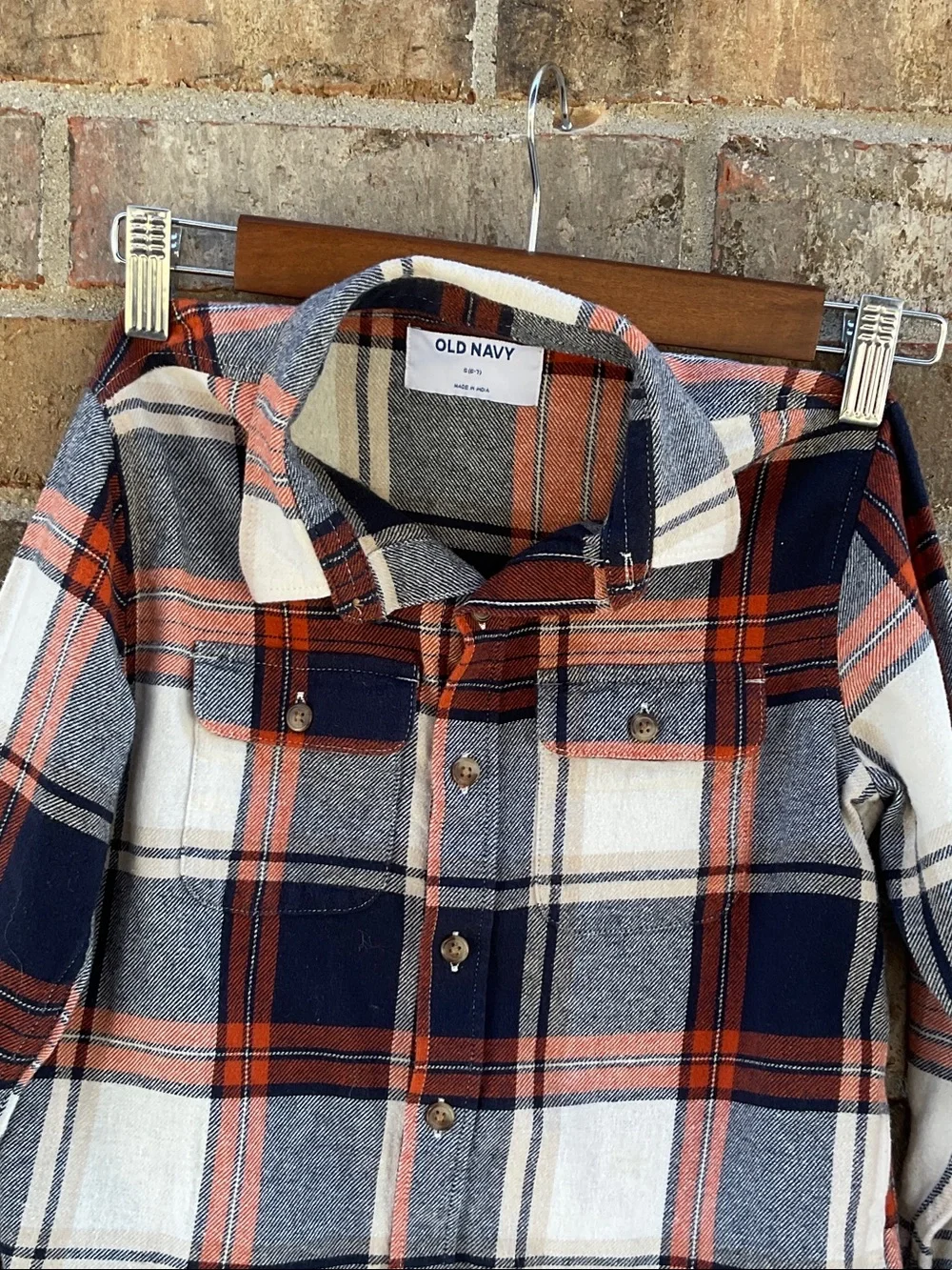 Take 50% OFF- Old Navy Boys Navy, Rust & Cream Plaid Button-Down Shirt,Size-6